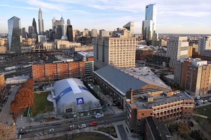 Aerial view of air supported sports dome on Drexel University campus